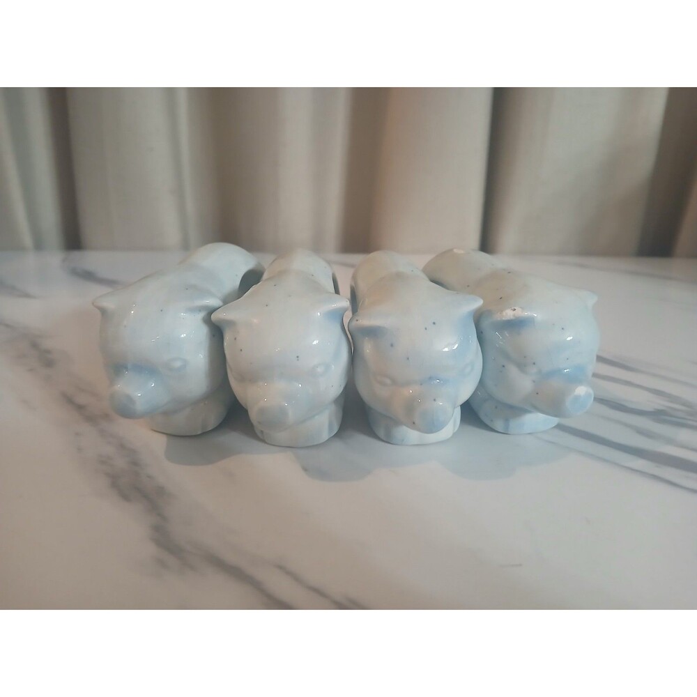 Vintage Ceramic Pale Blue Pig Napkin Rings- Set Of 4 Rustic Colorful Cottage